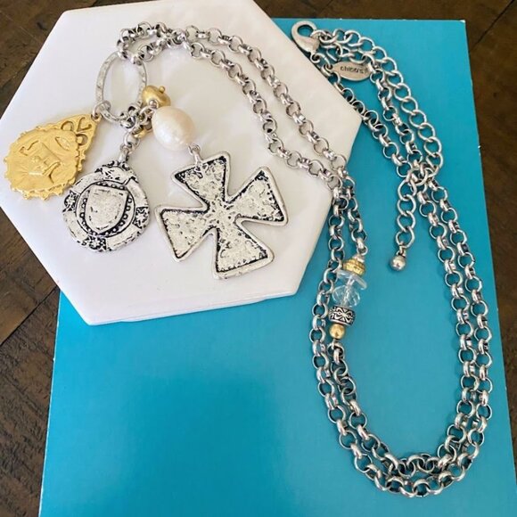 Chicos Mixed Metal Charm Necklace With Maltese Cross Pendant & Pearl Accent - Picture 2 of 3